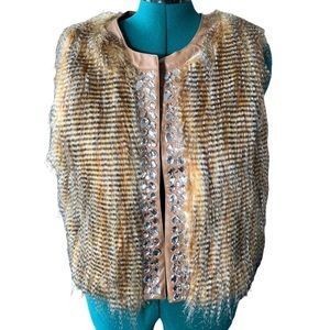 Baciano Brown Faux Fur Vest Women's Sz Large Horizontal Stripe Effect Gemstones